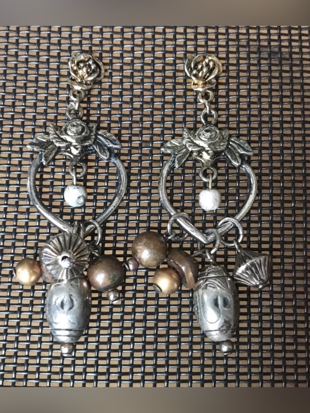Boho heart and rose, dangle earrings ‘80’s vintage